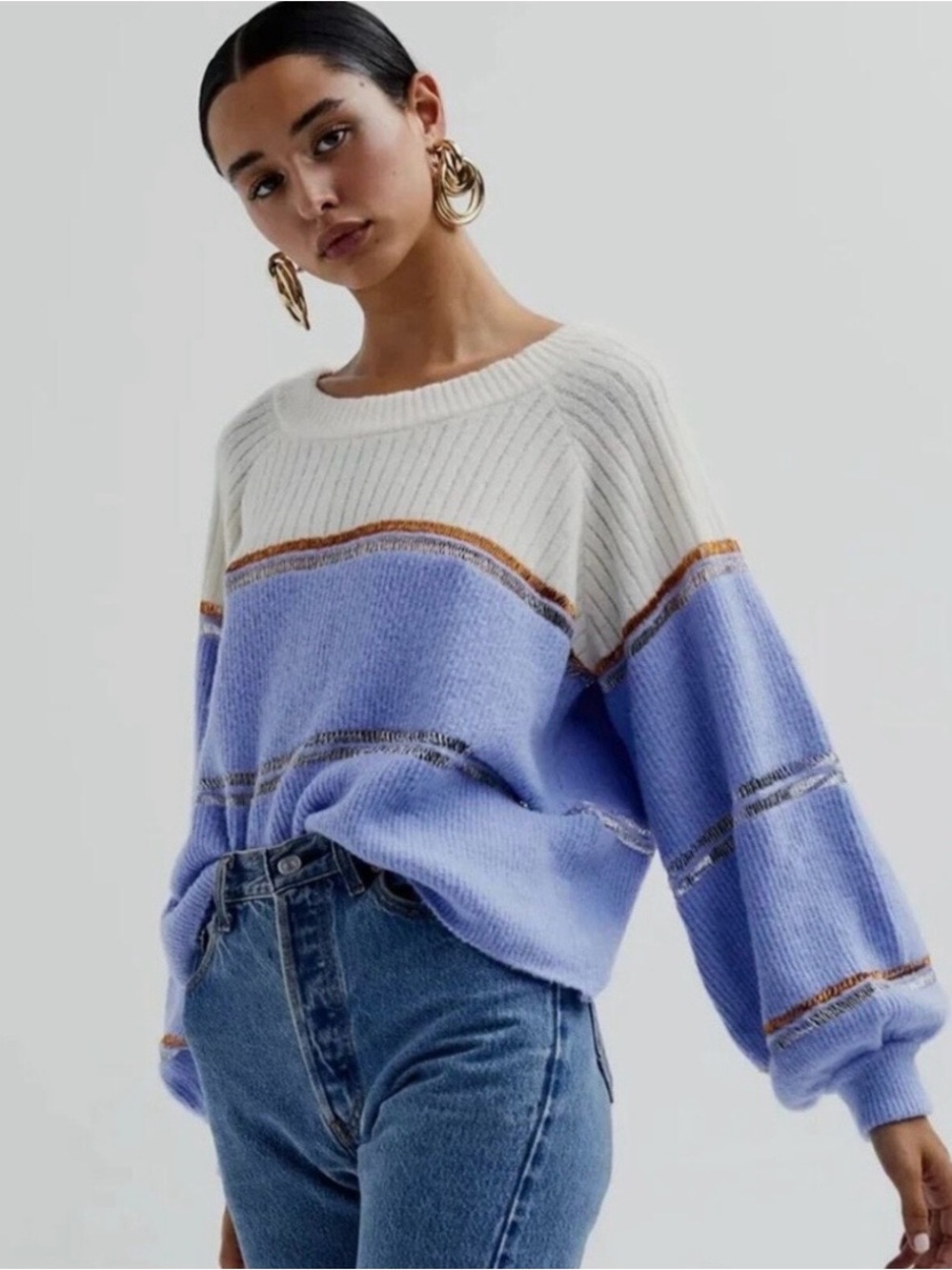For Love And Lemons Lavender and Cream Colorblock Crewneck Sweater
